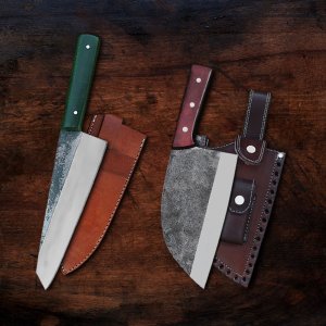 Custom Hand Forged Carbon Steel Cleaver and Kitchen Chef 2 pcs knife Set By Almazan®