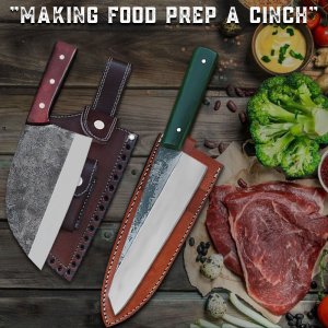 Custom Hand Forged Carbon Steel Cleaver and Kitchen Chef 2 pcs knife Set By Almazan®