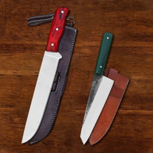 Pitmaster Pair 2 Piece Set - Custom Hand Forged Stainless Steel Brisket Knife & Carbon Steel Culinary Verdant Chef Knife by Almazan Knives®
