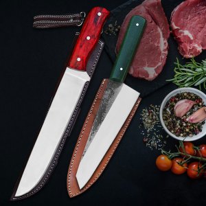 Pitmaster Pair 2 Piece Set - Custom Hand Forged Stainless Steel Brisket Knife & Carbon Steel Culinary Verdant Chef Knife by Almazan Knives®
