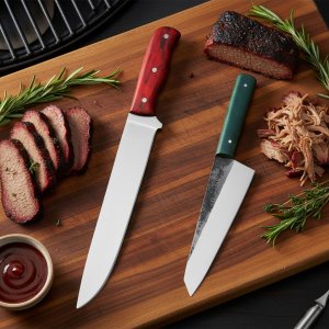 Pitmaster Pair 2 Piece Set - Custom Hand Forged Stainless Steel Brisket Knife & Carbon Steel Culinary Verdant Chef Knife by Almazan Knives®